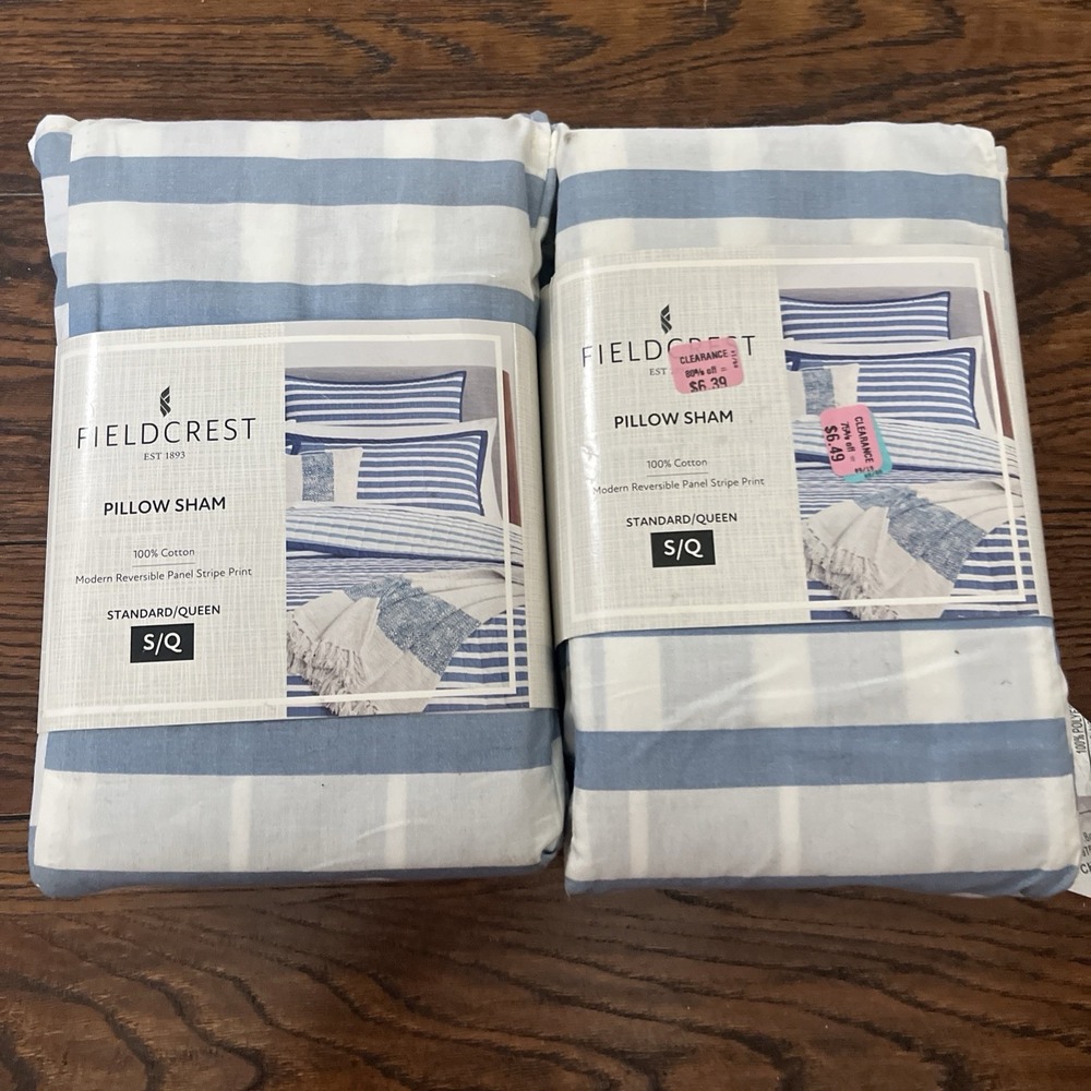 Lot 2 Fieldcrest Standard/Queen Pillow Sham 100% Cotton Cobalt Blue Stripes Read